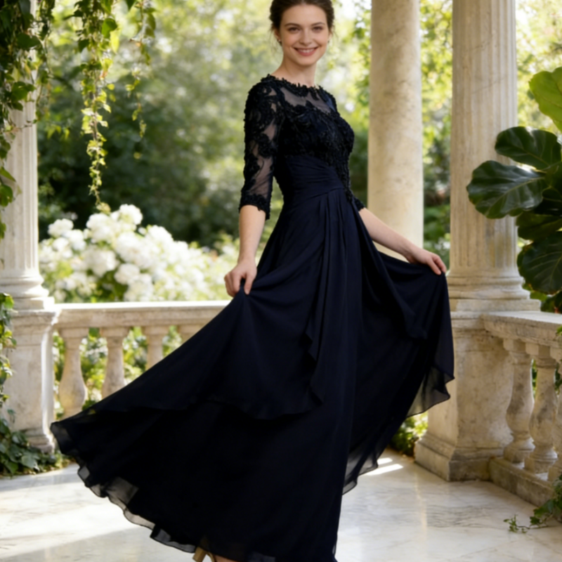 Elegantes Abendkleid mit Bestickter Spitze & 3/4 Ärmeln – Fließendes Chiffon-Festkleid mit Stufen-Design