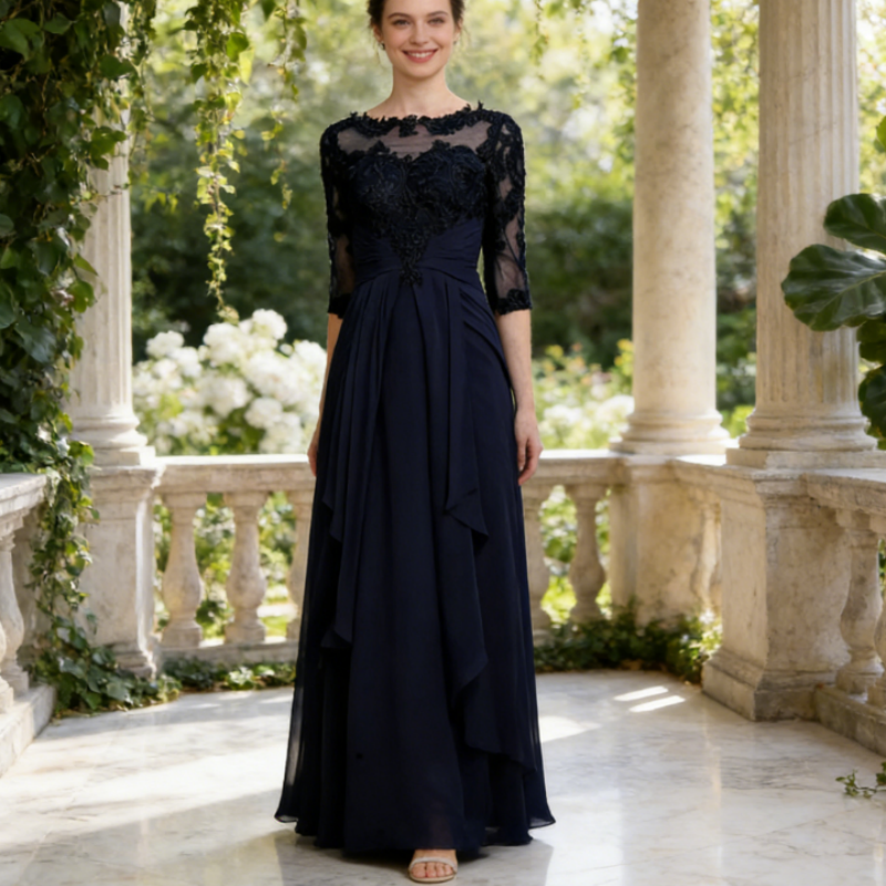 Elegantes Abendkleid mit Bestickter Spitze & 3/4 Ärmeln – Fließendes Chiffon-Festkleid mit Stufen-Design