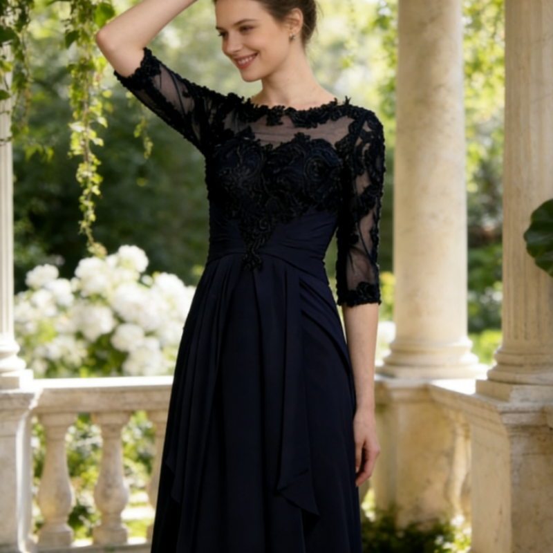Elegantes Abendkleid mit Bestickter Spitze & 3/4 Ärmeln – Fließendes Chiffon-Festkleid mit Stufen-Design