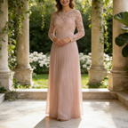 Elegantes Bodenlanges Abendkleid mit Spitze & Langarm – Fließendes Chiffon-Festkleid