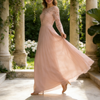 Elegantes Bodenlanges Abendkleid mit Spitze & Langarm – Fließendes Chiffon-Festkleid