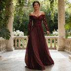 Edles Bodenlanges Abendkleid – Off-Shoulder Spitzenkleid mit Langen Ärmeln & Fließendem Chiffonrock