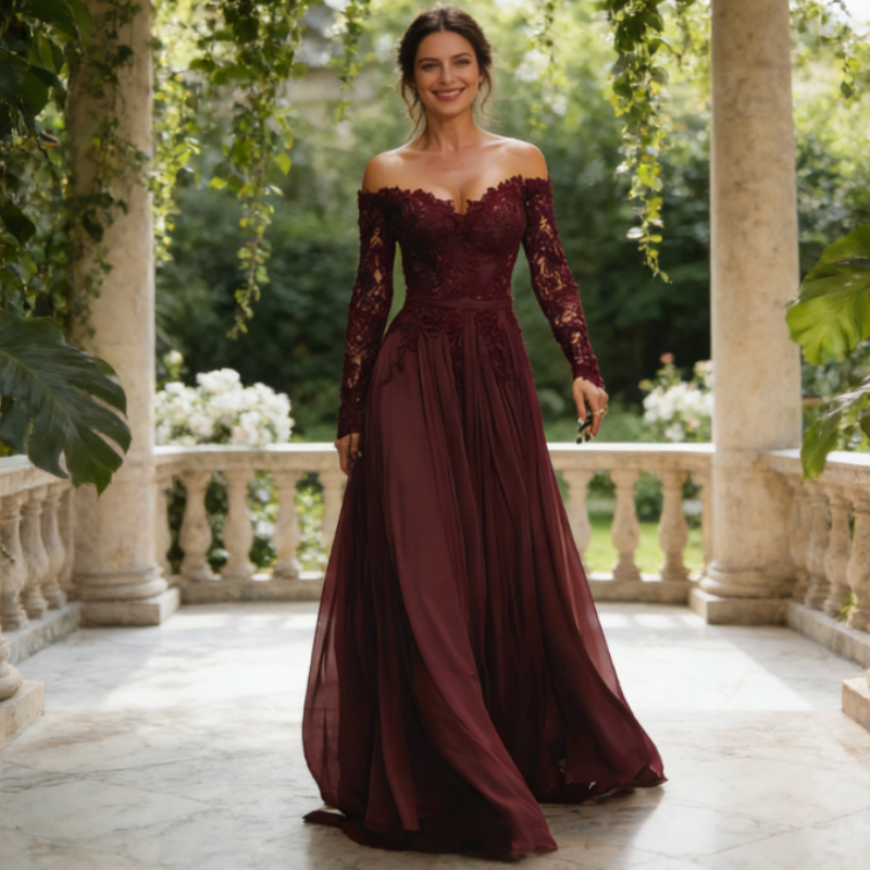 Edles Bodenlanges Abendkleid – Off-Shoulder Spitzenkleid mit Langen Ärmeln & Fließendem Chiffonrock