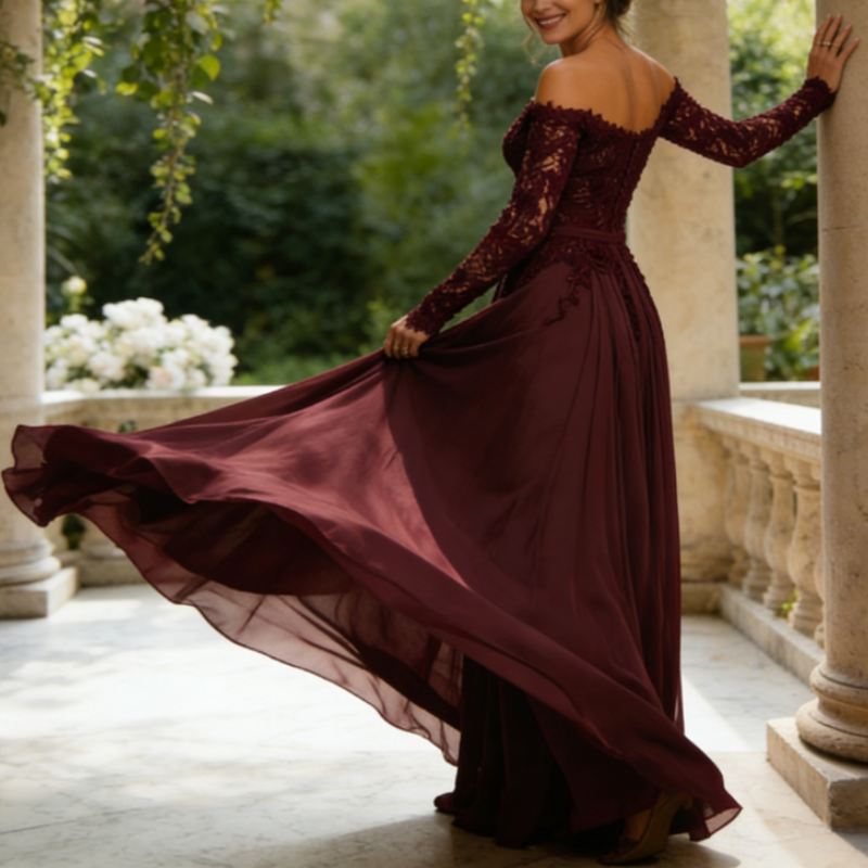 Edles Bodenlanges Abendkleid – Off-Shoulder Spitzenkleid mit Langen Ärmeln & Fließendem Chiffonrock