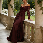 Edles Bodenlanges Abendkleid – Off-Shoulder Spitzenkleid mit Langen Ärmeln & Fließendem Chiffonrock