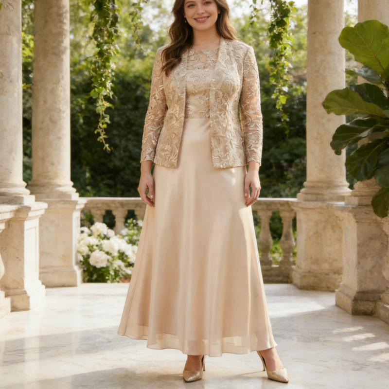Elegantes 2-Teiler Festkleid – Wadenlange Abendrobe mit Bestickter Spitze & Passender Jacke – Beige/Champagner