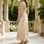 Elegantes 2-Teiler Festkleid – Wadenlange Abendrobe mit Bestickter Spitze & Passender Jacke – Beige/Champagner