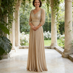 Elegantes Bodenlanges Abendkleid – Funkelndes Pailletten-Kleid mit 3/4 Ärmeln & Plissiertem Rock