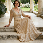 Elegantes Bodenlanges Abendkleid – Funkelndes Pailletten-Kleid mit 3/4 Ärmeln & Plissiertem Rock