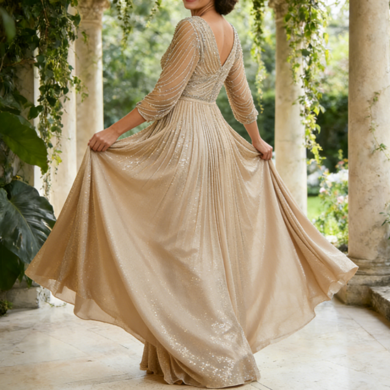 Elegantes Bodenlanges Abendkleid – Funkelndes Pailletten-Kleid mit 3/4 Ärmeln & Plissiertem Rock