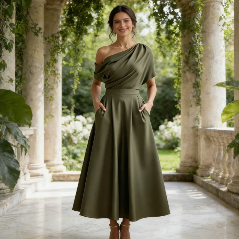 Elegantes Abendkleid mit Cape-Overlay – Fließendes Chiffon-Festkleid in Navyblau – Stilvolles Lagen-Look Design