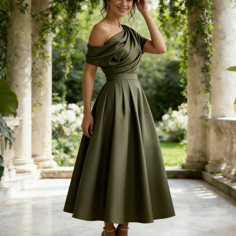 Elegantes Abendkleid mit Cape-Overlay – Fließendes Chiffon-Festkleid in Navyblau – Stilvolles Lagen-Look Design