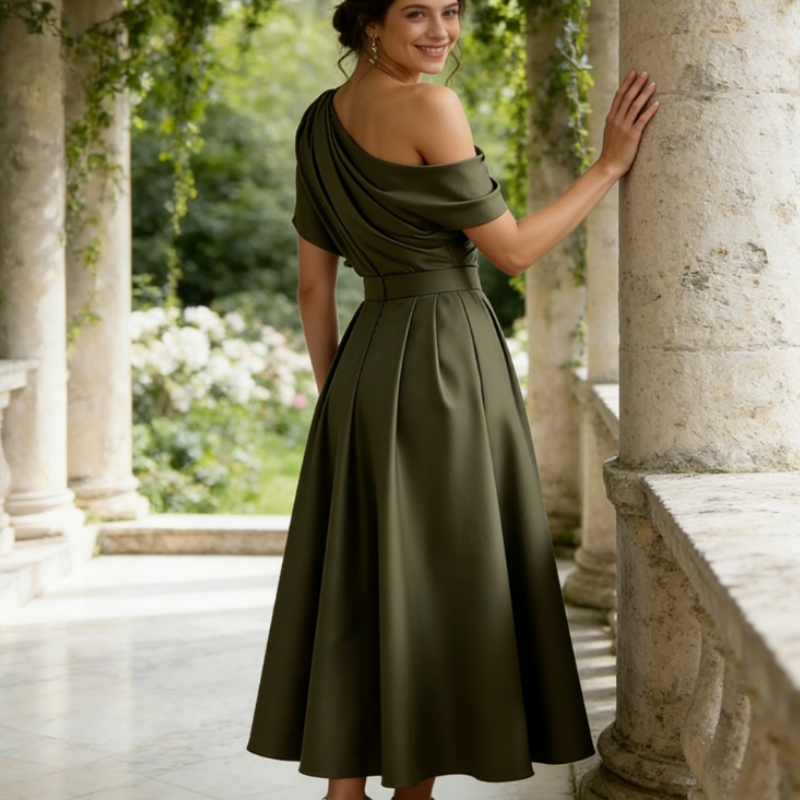 Elegantes Abendkleid mit Cape-Overlay – Fließendes Chiffon-Festkleid in Navyblau – Stilvolles Lagen-Look Design