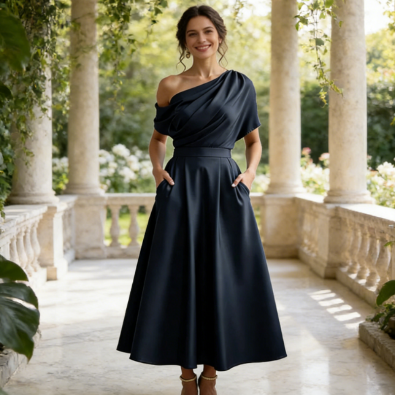 Elegantes Abendkleid mit Cape-Overlay – Fließendes Chiffon-Festkleid in Navyblau – Stilvolles Lagen-Look Design