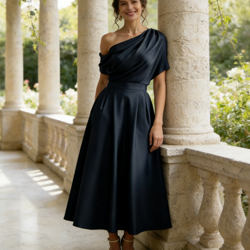 Elegantes Abendkleid mit Cape-Overlay – Fließendes Chiffon-Festkleid in Navyblau – Stilvolles Lagen-Look Design