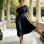 Elegantes Abendkleid mit Cape-Overlay – Fließendes Chiffon-Festkleid in Navyblau – Stilvolles Lagen-Look Design