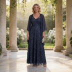 Elegantes A-Linie Abendkleid – Bodenlanges Festkleid mit Pailletten-Stickerei & V-Ausschnitt – Dunkelgrün
