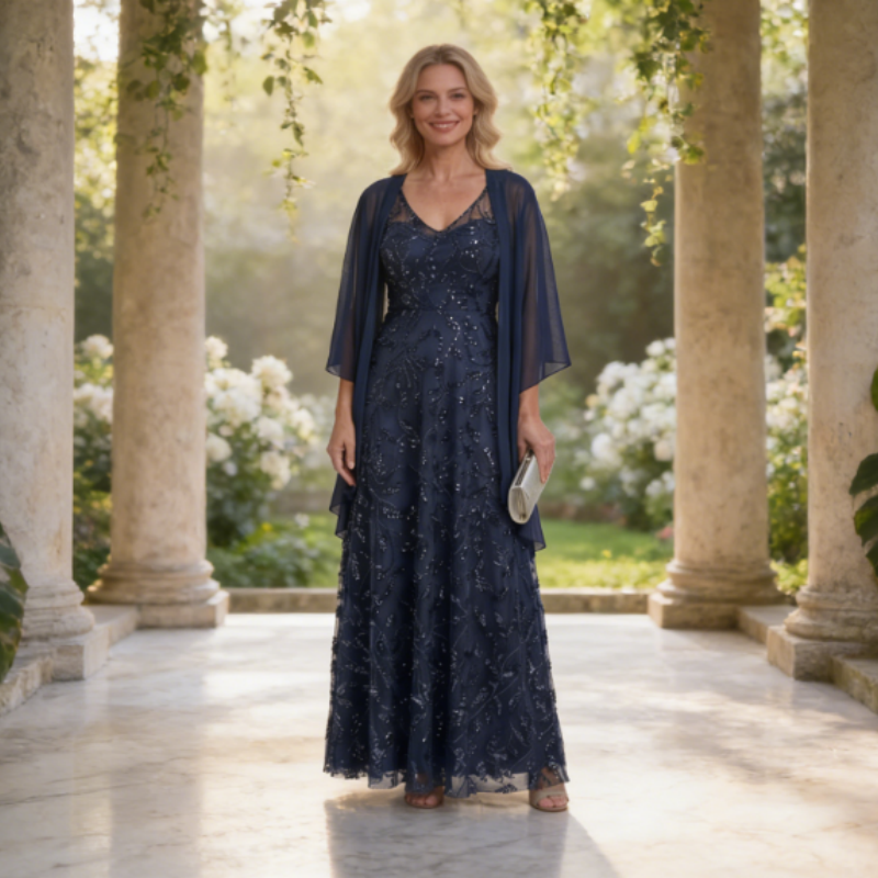 Elegantes A-Linie Abendkleid – Bodenlanges Festkleid mit Pailletten-Stickerei & V-Ausschnitt – Dunkelgrün