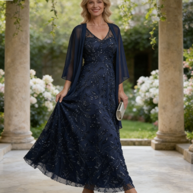 Elegantes A-Linie Abendkleid – Bodenlanges Festkleid mit Pailletten-Stickerei & V-Ausschnitt – Dunkelgrün