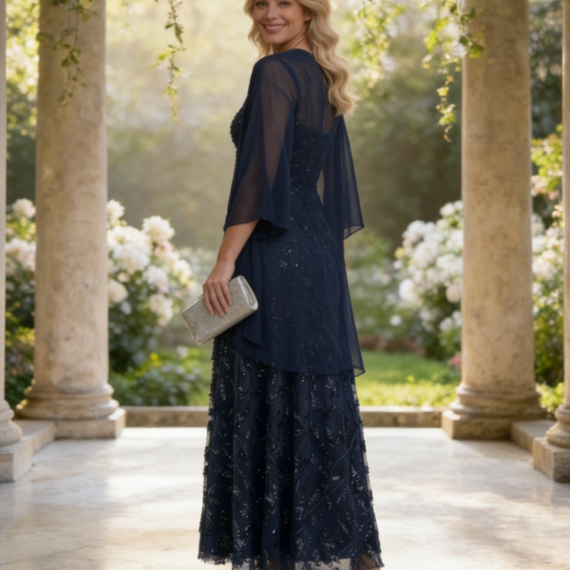 Elegantes A-Linie Abendkleid – Bodenlanges Festkleid mit Pailletten-Stickerei & V-Ausschnitt – Dunkelgrün