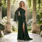 Elegantes One-Shoulder Abendkleid – Bodenlange Robe mit Pailletten-Bestickung & Beinschlitz – Dunkelgrün
