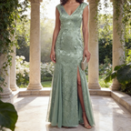 Exquisites Meerjungfrau-Abendkleid – Bodenlanges Jacquard-Kleid mit Beinschlitz & V-Ausschnitt – Mintgrün