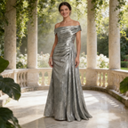 Exquisites Abendkleid in Silber-Metallic – Bodenlange Robe mit Eleganter Raffung & V-Ausschnitt – Hochwertige Abendmode