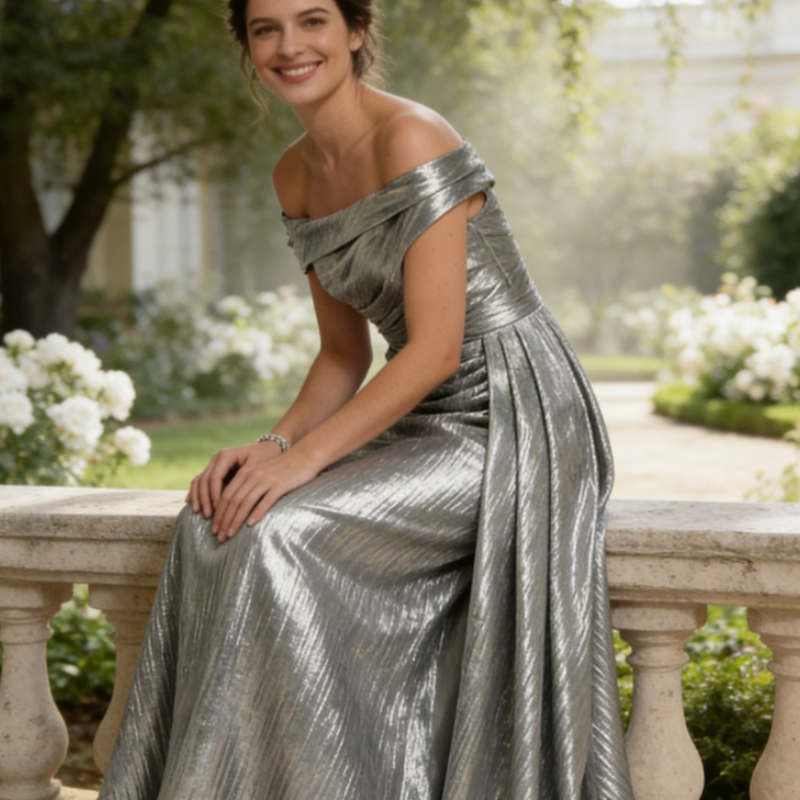 Exquisites Abendkleid in Silber-Metallic – Bodenlange Robe mit Eleganter Raffung & V-Ausschnitt – Hochwertige Abendmode
