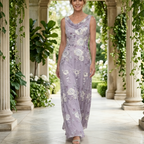 Exquisites Abendkleid in Lavendel mit Pailletten – Bodenlanges Tüllkleid mit Floralem Muster – Elegante Abendrobe für Formelle Anlässe