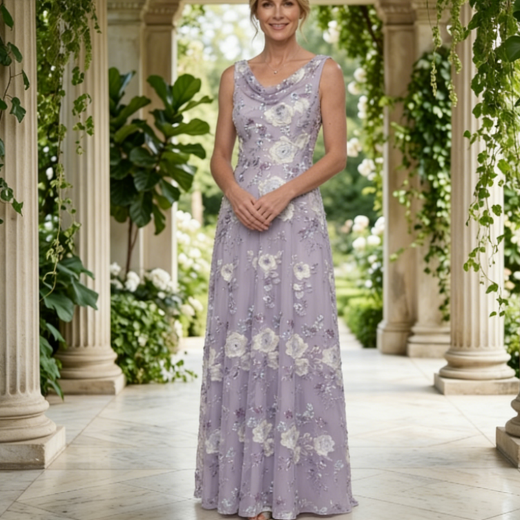 Exquisites Abendkleid in Lavendel mit Pailletten – Bodenlanges Tüllkleid mit Floralem Muster – Elegante Abendrobe für Formelle Anlässe