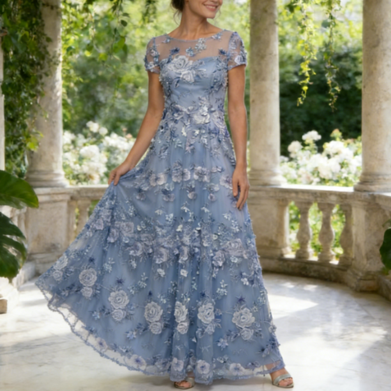 Elegantes Abendkleid in Hellblau mit Floralem Stickmuster – Bodenlange A-Linie Robe mit Pailletten Ärmeln