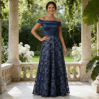 Elegantes Abendkleid in Marineblau mit Spitze – Off-Shoulder A-Linie Maxikleid mit Pailletten – Festliche Abendmode