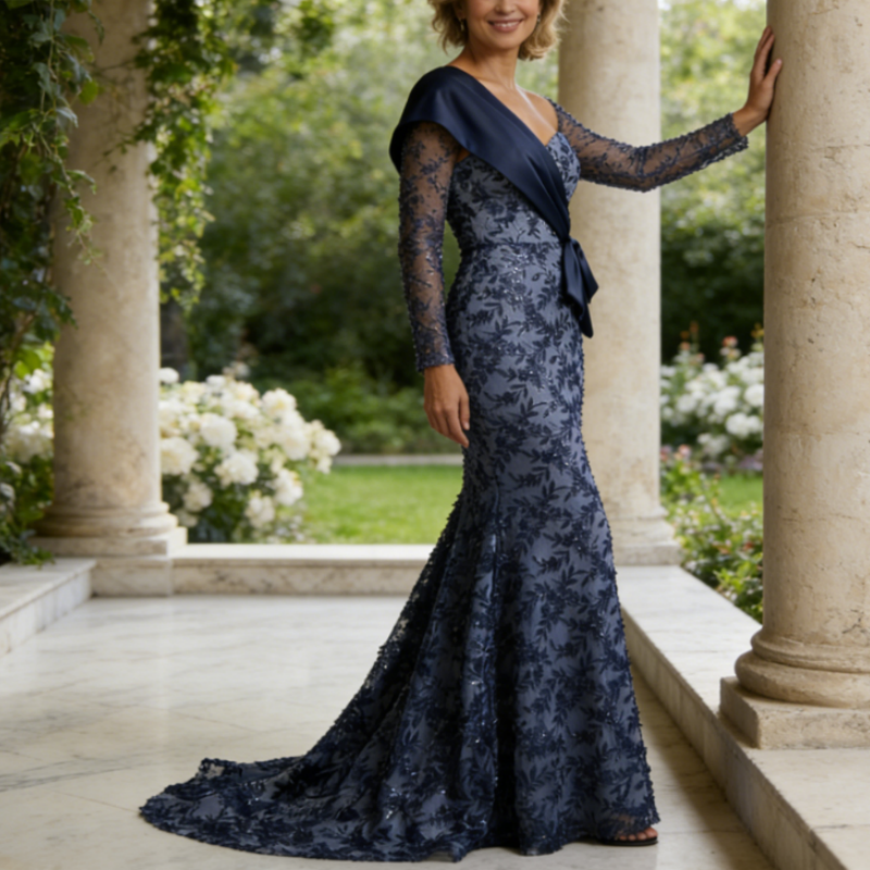 Exquisites Ein-Schulter Abendkleid in Marineblau – Elegante Meerjungfrau-Robe mit Pailletten-Stickerei – Premium Abendmode