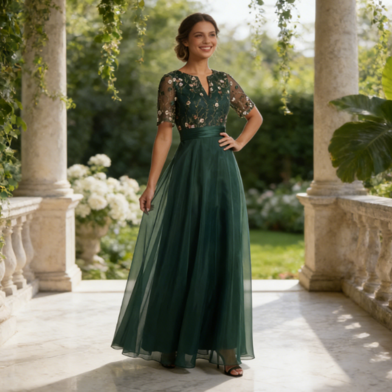 Elegantes Abendkleid in Dunkelgrün mit Besticktem Oberteil – Bodenlange A-Linie Robe mit Tüllrock  Ärmeln