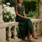 Elegantes Abendkleid in Dunkelgrün mit Besticktem Oberteil – Bodenlange A-Linie Robe mit Tüllrock  Ärmeln