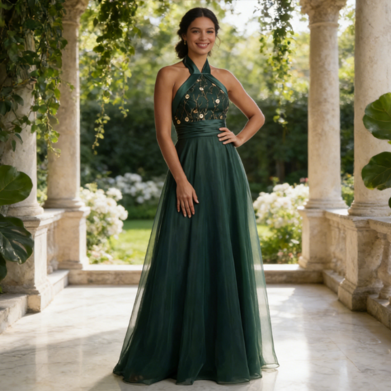 Elegantes Abendkleid in Dunkelgrün mit Besticktem Halterneck – Bodenlanges A-Linie Festkleid aus Feinem Chiffon