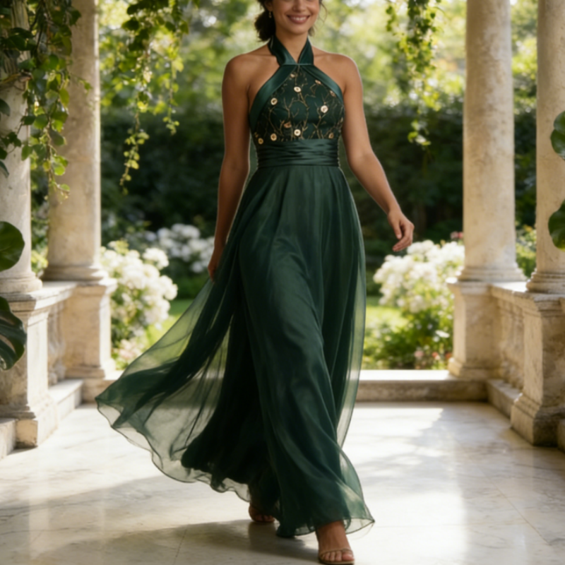 Elegantes Abendkleid in Dunkelgrün mit Besticktem Halterneck – Bodenlanges A-Linie Festkleid aus Feinem Chiffon