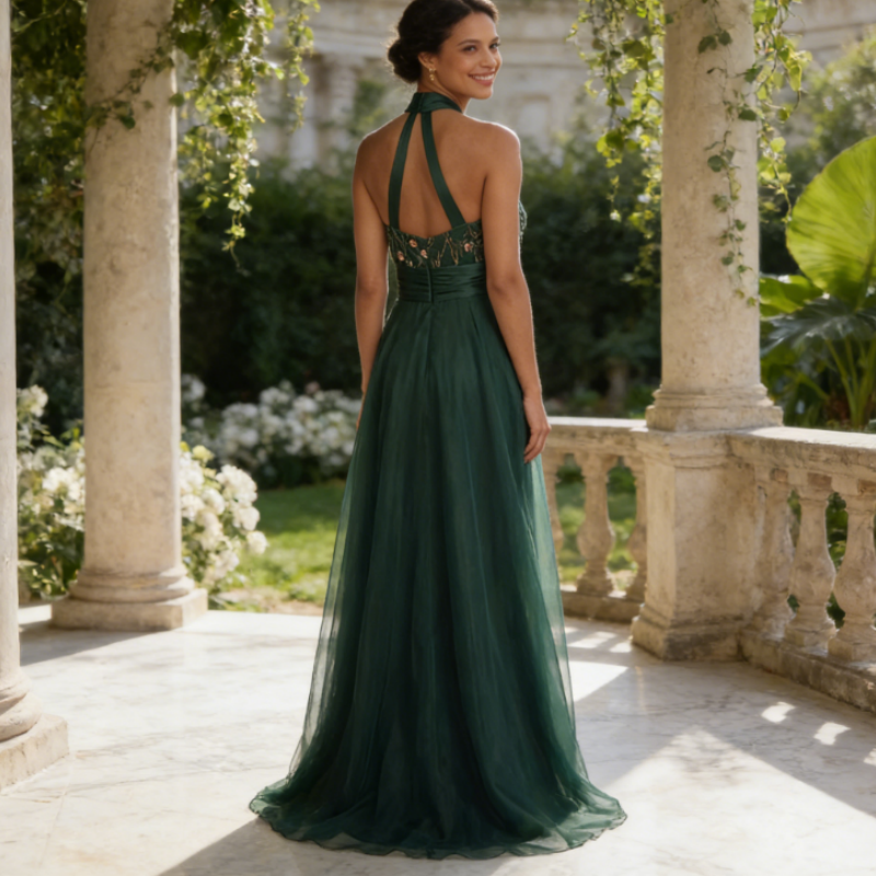 Elegantes Abendkleid in Dunkelgrün mit Besticktem Halterneck – Bodenlanges A-Linie Festkleid aus Feinem Chiffon