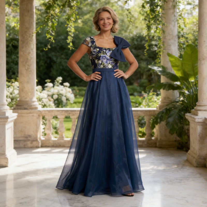 Exquisites Besticktes Damenkleid in Dunkelblau – Stilvolle Abendrobe mit Kontrastreichem Muster & Satin-Details