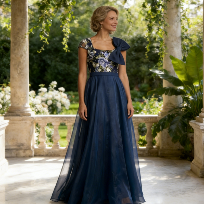 Exquisites Besticktes Damenkleid in Dunkelblau – Stilvolle Abendrobe mit Kontrastreichem Muster & Satin-Details