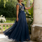 Exquisites Besticktes Damenkleid in Dunkelblau – Stilvolle Abendrobe mit Kontrastreichem Muster & Satin-Details