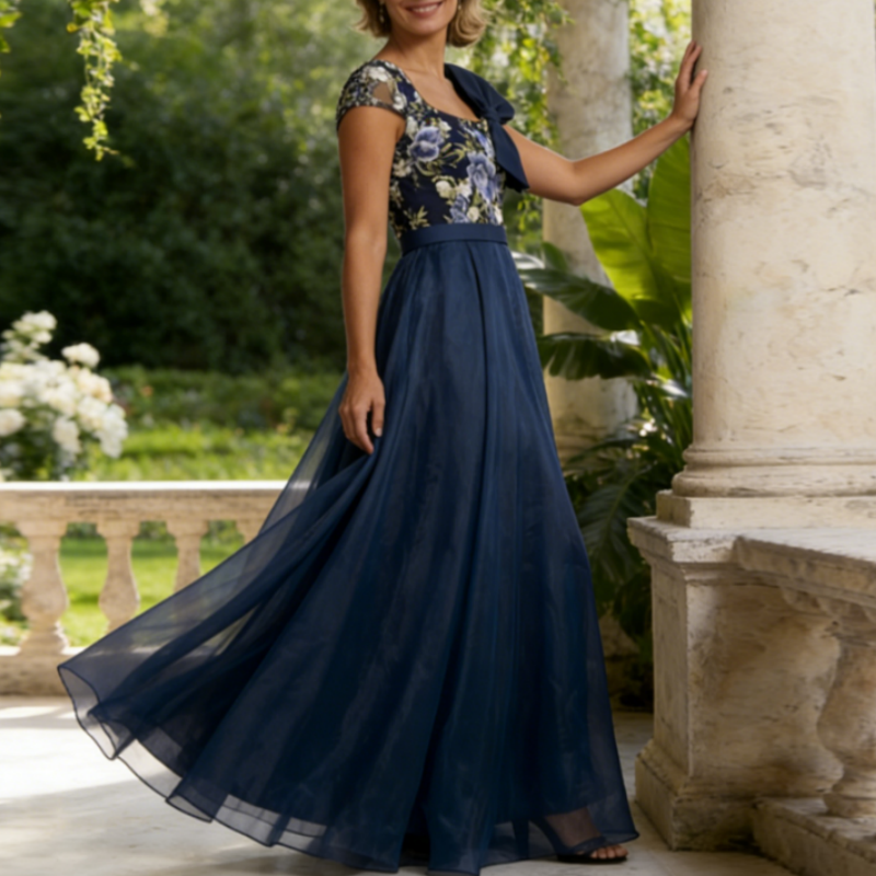 Exquisites Besticktes Damenkleid in Dunkelblau – Stilvolle Abendrobe mit Kontrastreichem Muster & Satin-Details