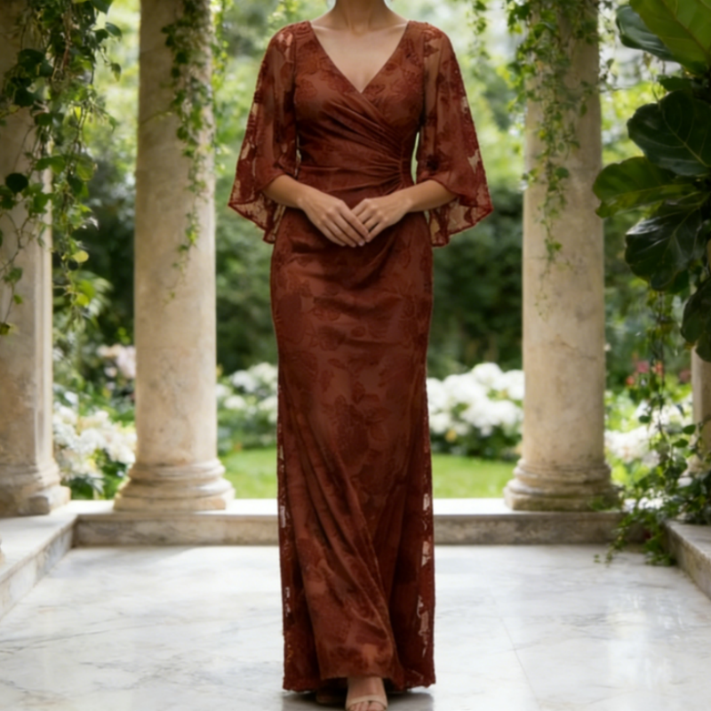 Abendkleid in Rostrot: Edle Floral-Spitze & Figurschmeichelnde Silhouette