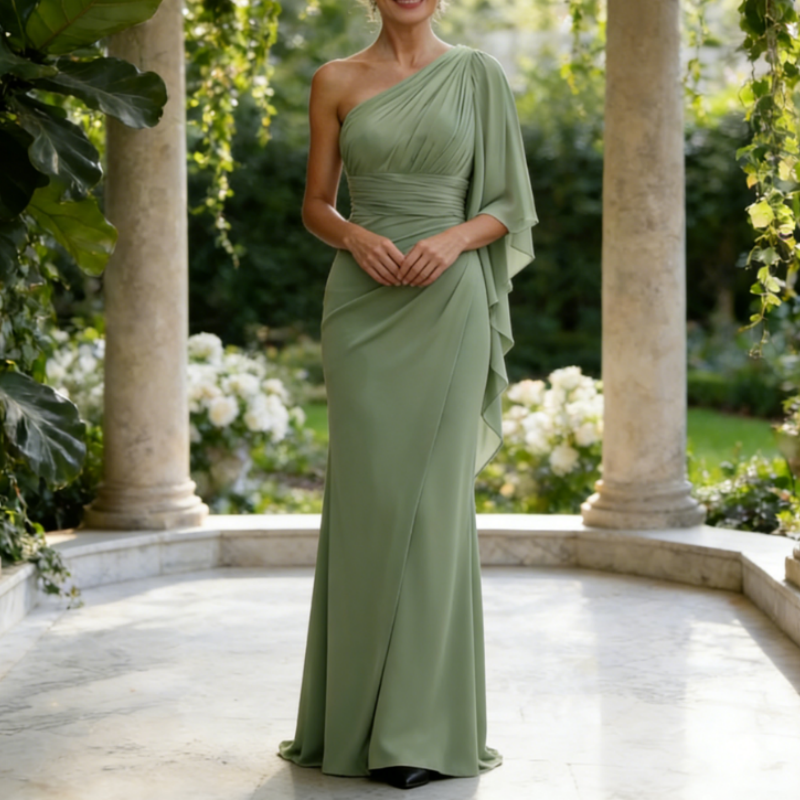 Elegantes Abendkleid in Salbeigrün: One-Shoulder Design mit Cape-Effekt