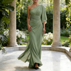Elegantes Abendkleid in Salbeigrün: One-Shoulder Design mit Cape-Effekt