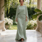Elegantes Abendkleid mit Cape-Ärmeln – Salbeigrün, Figurbetont & Bodenlang