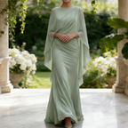 Elegantes Abendkleid mit Cape-Ärmeln – Salbeigrün, Figurbetont & Bodenlang