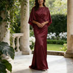 Elegantes Abendkleid mit Cape-Ärmeln – Weinrot, Satin-Optik & Bodenlang