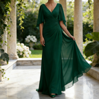 Elegantes Abendkleid mit Cape-Ärmeln – Salbeigrün, Figurbetont & Bodenlang