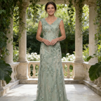 Elegantes Abendkleid mit Cape-Ärmeln – Salbeigrün, Figurbetont & Bodenlang